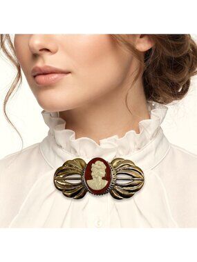 80s Vintage Large Cameo Brooch w Gold Wings | Avant Gardé | 4" x 1.75"